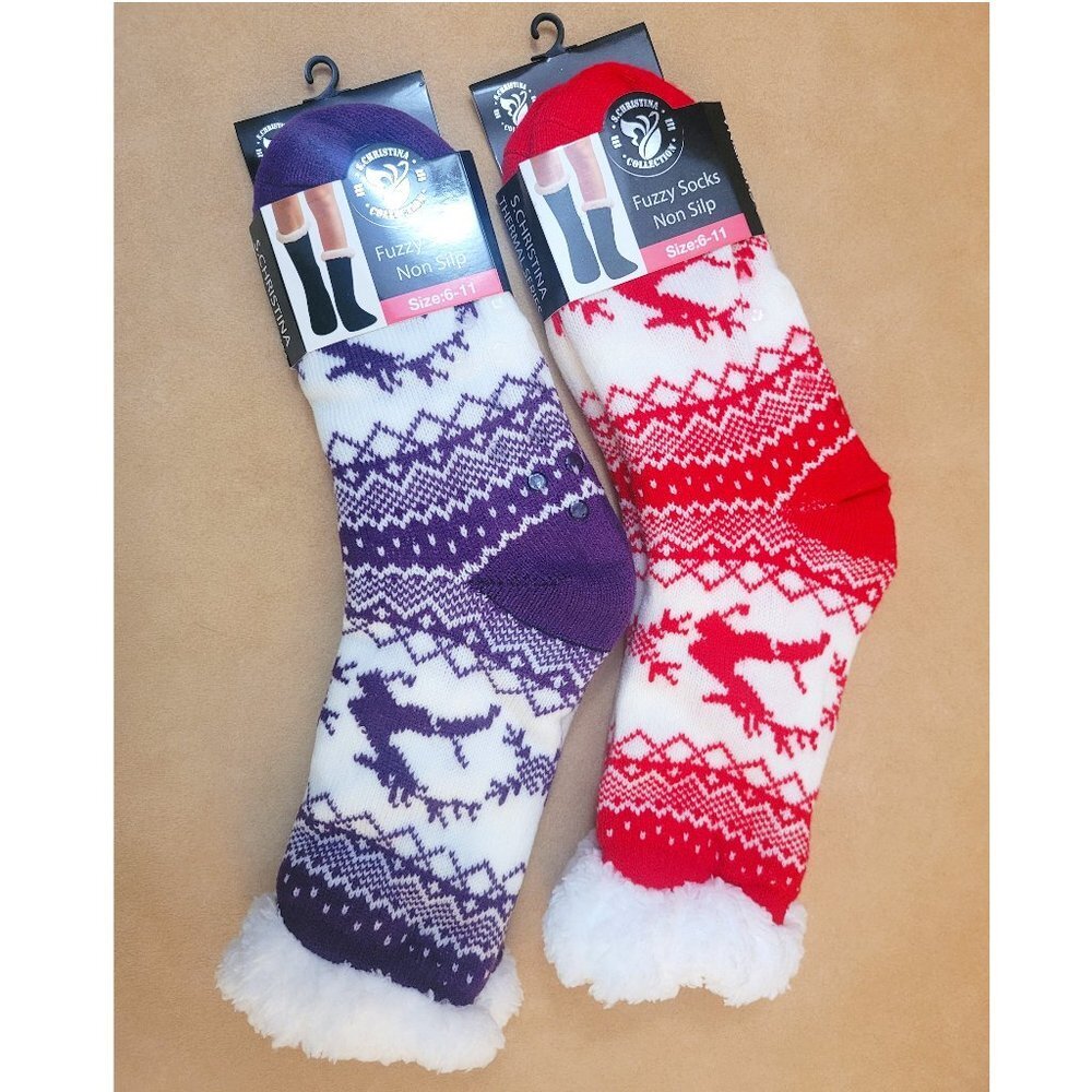 Women's Cotton Fuzzy Non Slip Patterned Socks, Bundle of 2 Pairs